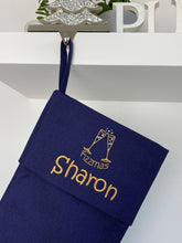 Load image into Gallery viewer, Christmas Stocking Navy with Gold Tones - Personalised Embroidered