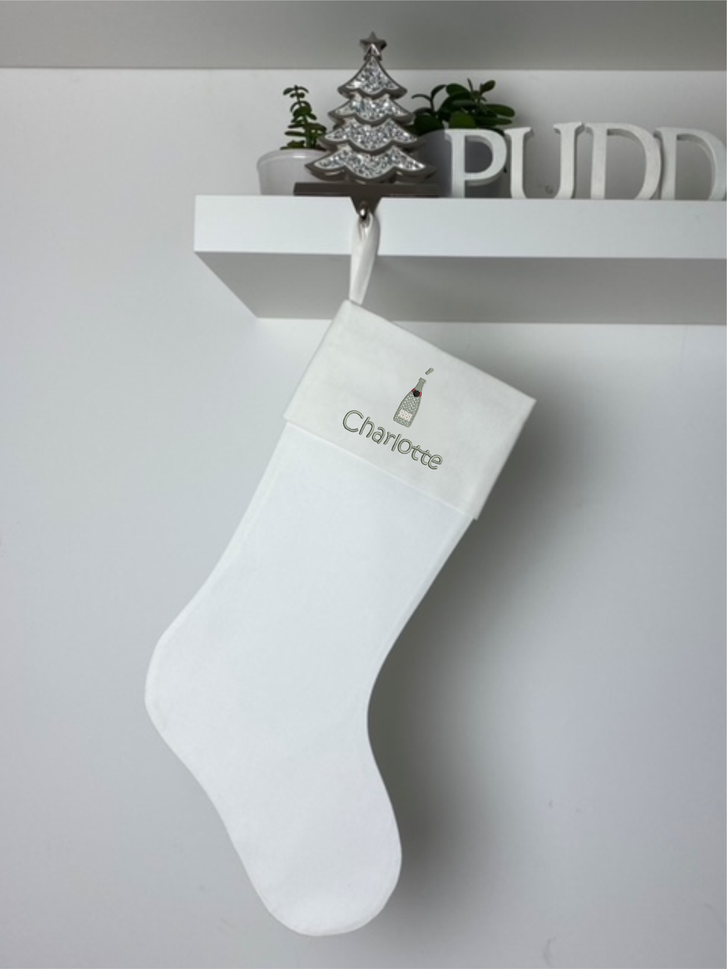 Christmas Stocking Ivory with Sage Green Tones - Personalised Embroidered