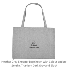 Load image into Gallery viewer, Organic Shopper Bag &#39;Loves to Shop&#39; - Personalised Embroidered
