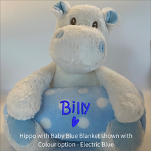 Load image into Gallery viewer, Hippo and Blue &amp; White Spot Blanket Baby Gift - Personalised Embroidered
