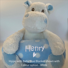 Load image into Gallery viewer, Hippo and Blue &amp; White Spot Blanket Baby Gift - Personalised Embroidered
