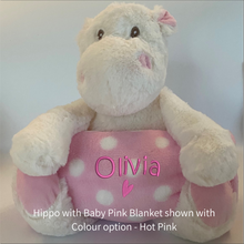 Load image into Gallery viewer, Hippo and Pink &amp; White Spot Blanket Baby Gift - Personalised Embroidered
