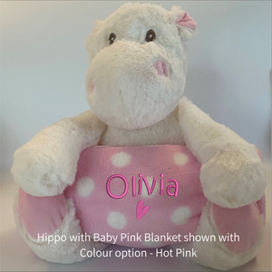 Hippo and Pink & White Spot Blanket Baby Gift - Personalised Embroidered