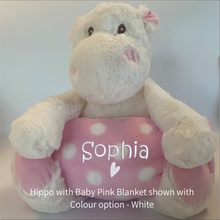 Load image into Gallery viewer, Hippo and Pink &amp; White Spot Blanket Baby Gift - Personalised Embroidered
