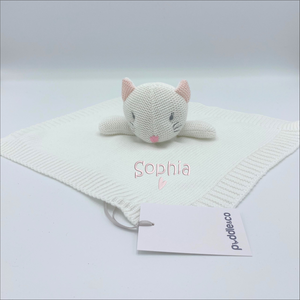 Baby Knitted White Kitten Comforter Gift - Personalised Embroidered