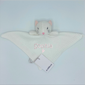 Baby Knitted White Kitten Comforter Gift - Personalised Embroidered