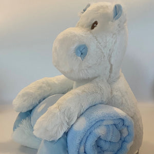 Hippo and Blue & White Spot Blanket Baby Gift - Personalised Embroidered