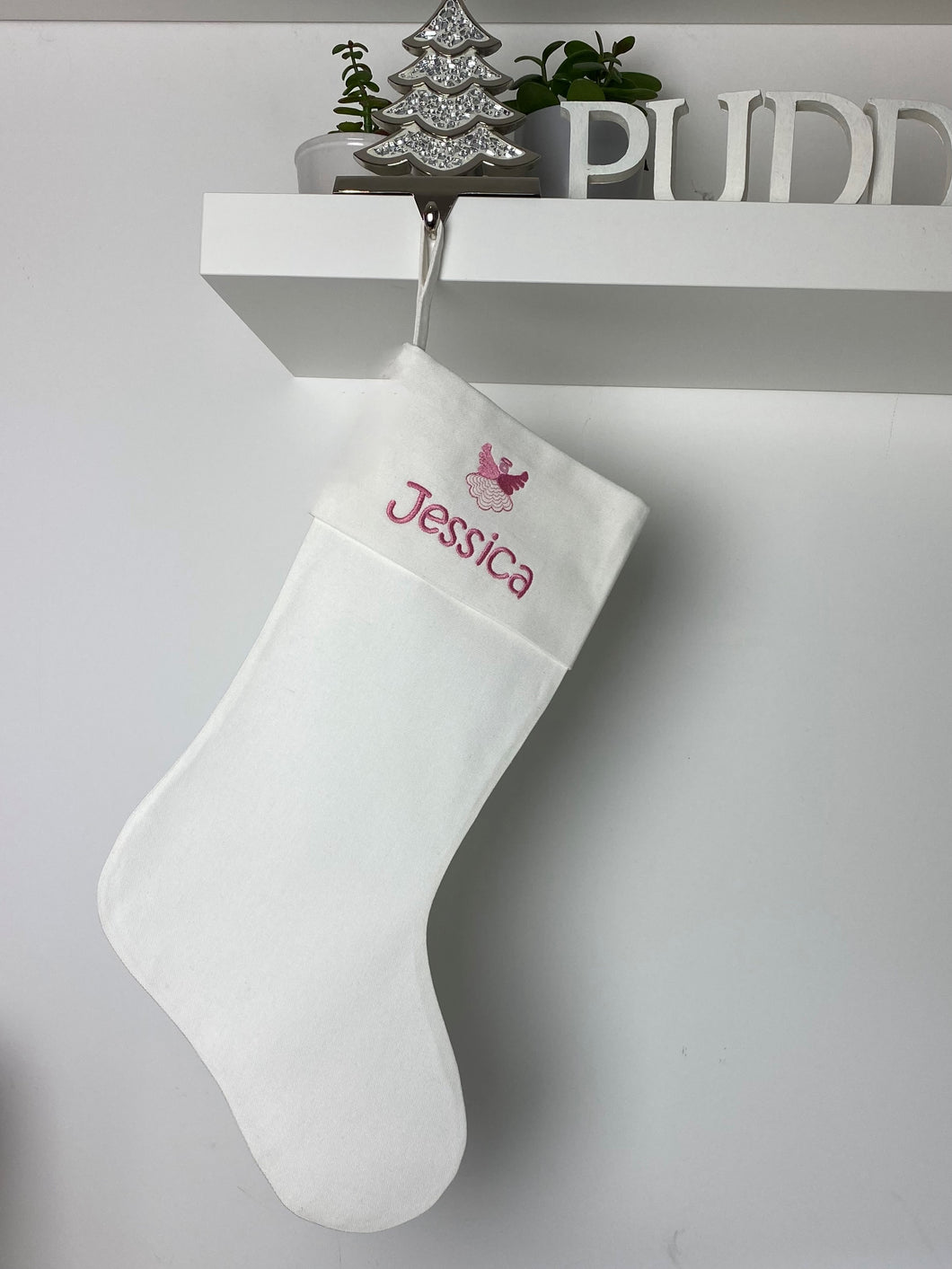 Christmas Stocking Ivory with Pink Tones - Personalised Embroidered