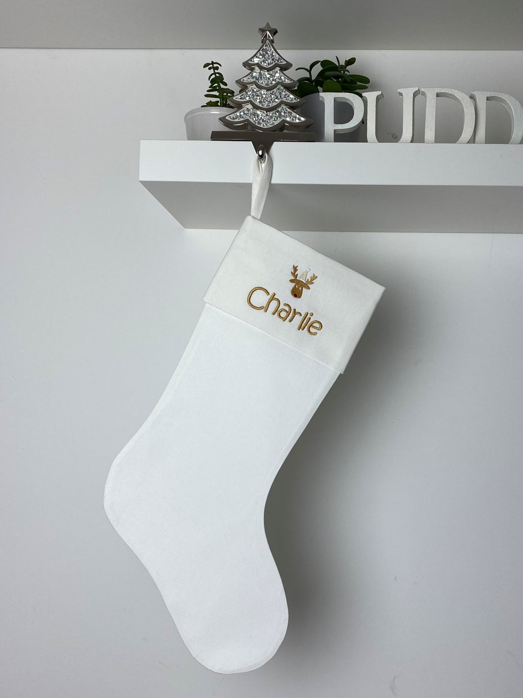 Christmas Stocking Ivory with Gold Tones - Personalised Embroidered