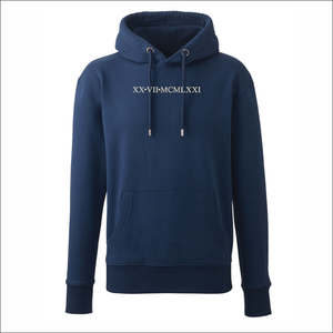 Unisex Organic Soft Luxuriously Thick Hoodie - 'Roman Numerals Date' Personalised Embroidered