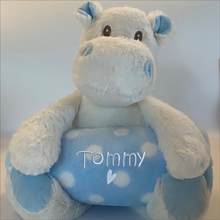 Load image into Gallery viewer, Hippo and Blue &amp; White Spot Blanket Baby Gift - Personalised Embroidered
