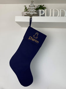 Christmas Stocking Navy with Gold Tones - Personalised Embroidered