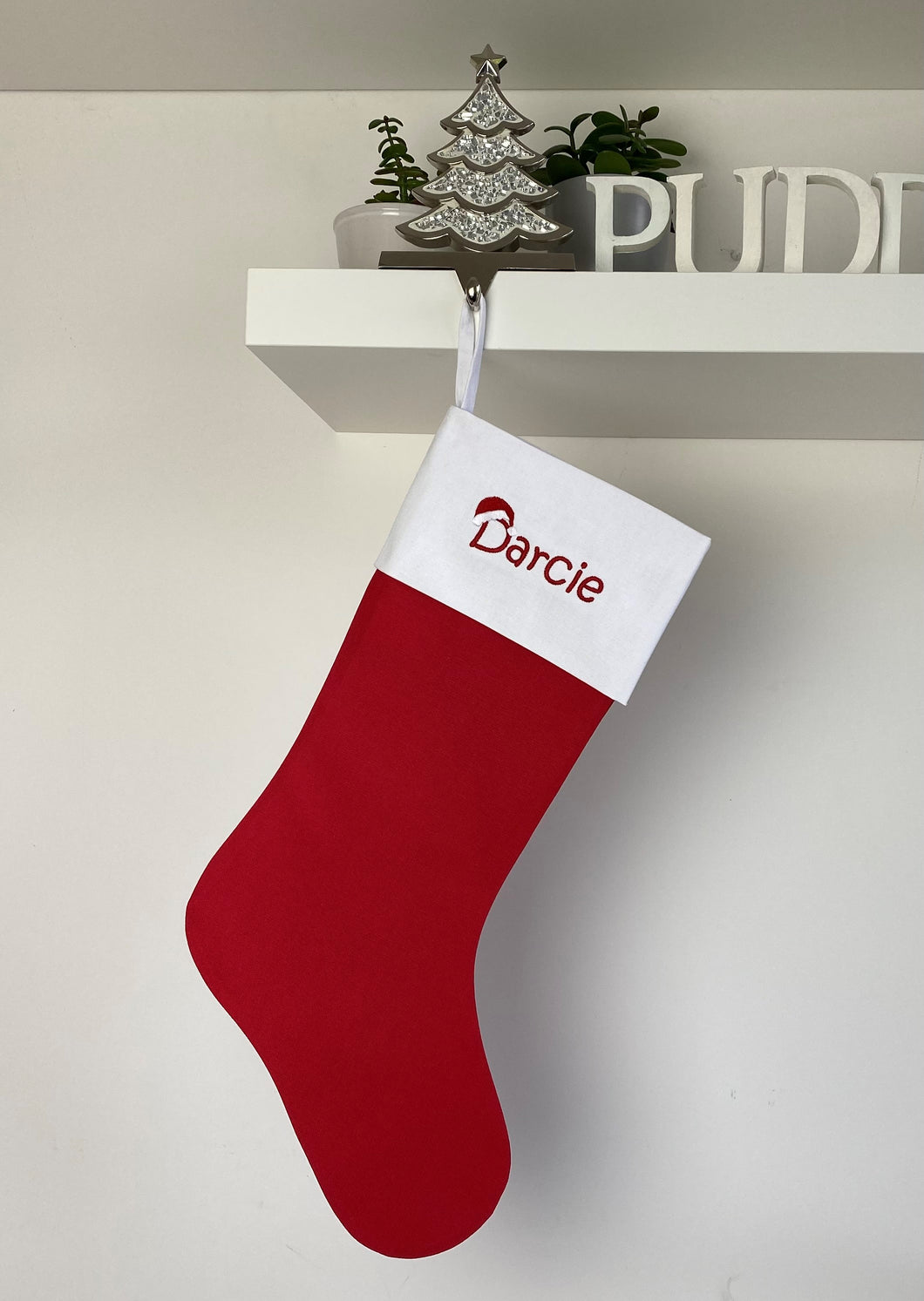 Christmas Stocking Red / White with Xmas Tones - Personalised Embroidered