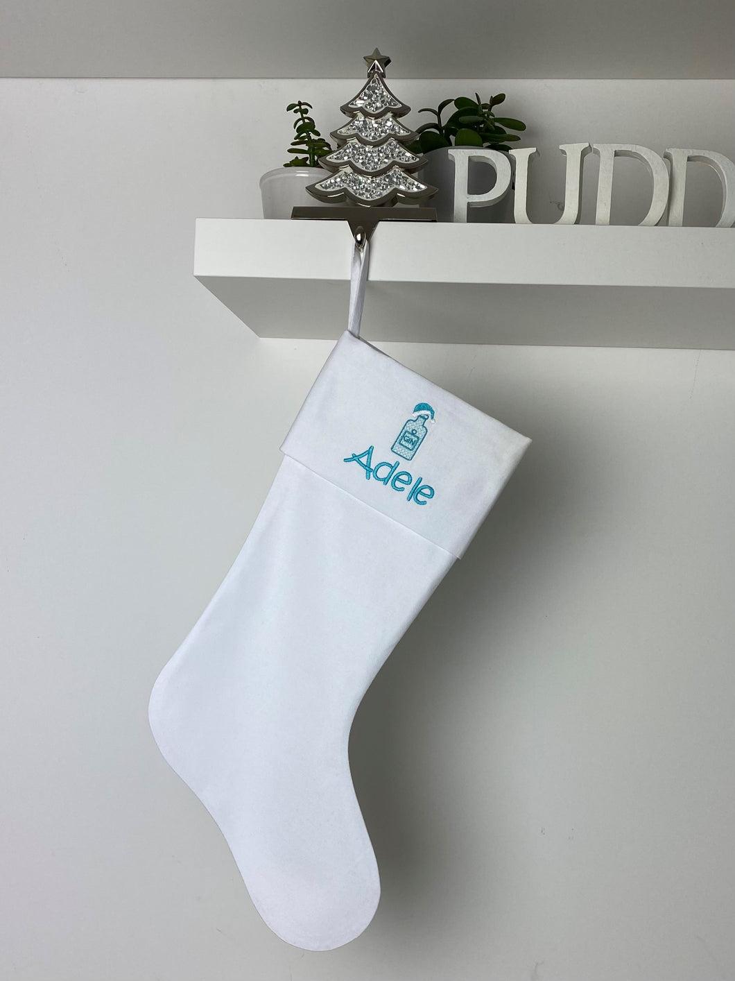 Christmas Stocking White with Aqua Tones - Personalised Embroidered